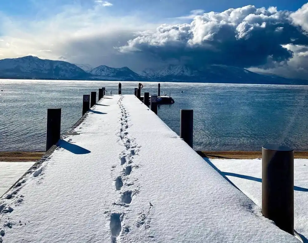 snowy pier in lake tahoe